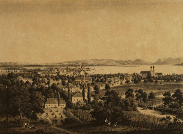 Blick auf Friedrichshafen von Nordwesten. Lithographie von Eberhard Emminger, um 1860