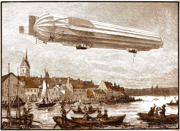 Zeppelin-Luftschiff über Friedrichshafen. Holzstich, Anfang 20. Jh.