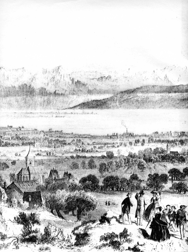 Blick von Berg auf Friedrichshafen. Lithographie, Mitte 19. Jh.