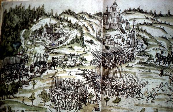 Die Situation vor Weingarten: Das bündische Heer rückt links aus dem Altdorfer Wald vor, Bauernhaufen stehen im Schussental und rücken auf den Martinsberg Weingarten vor. Jakob Murers Bauernkriegschronik 1525