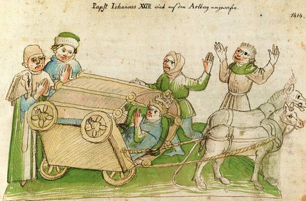 Unfall des Papstes auf dem Arlberg-Pass bei der Anreise nach Konstanz. Zeichnung in der Richental-Chronik.