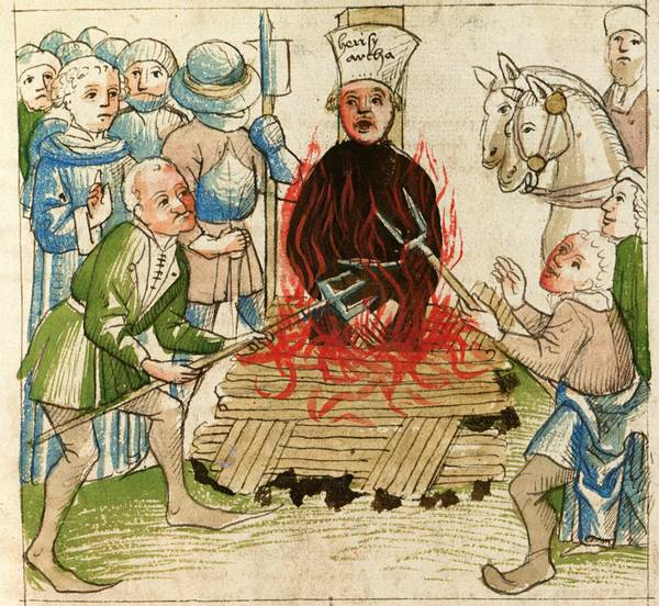 Verbrennung von Johannes Hus am 6. Juli 1415. Zeichnung in der Richental-Chronik..