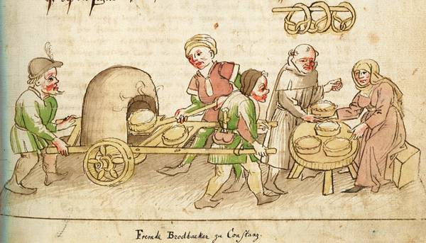 Bäcker mit fahrbarem Backofen in Konstanz. Zeichnung in der Richental-Chronik.