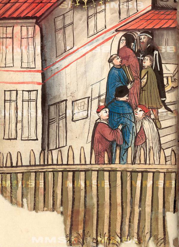 Die Papstwähler beim Einzug in das Konklave am 8. November 1417. Zeichnung in der Richental-Chronik, Prager Exemplar.
