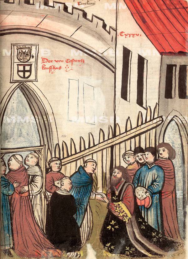 Die Papstwähler beim Auszug aus dem Konklave am 11. November 1417. Zeichnung in der Richental-Chronik, Prager Exemplar.