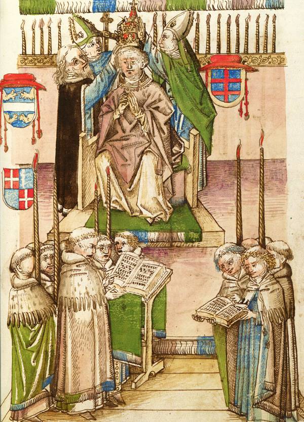 Krönung von Papst Martin V. am 21. November 1417. Zeichnung in der Richental-Chronik.