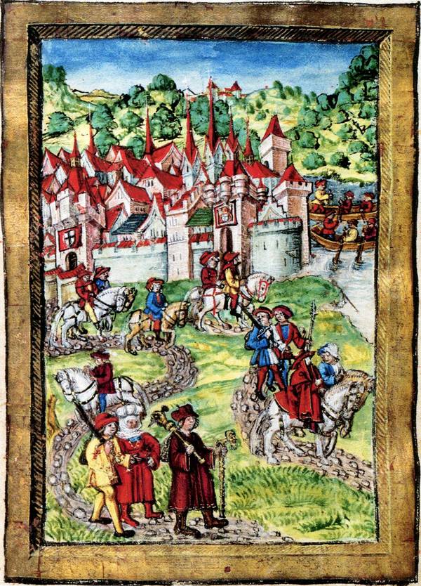 Die Konzilsteilnehmer verlassen Konstanz nach Ende des Konzils. Miniatur in der Luzerner Chronik des Diebold Schilling, um 1510.