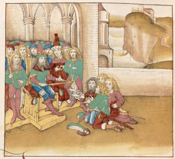 Gesandte bei König Sigismund in Meran 1413. Miniatur in der Spiezer Chronik des Diebold Schilling, um 1485.