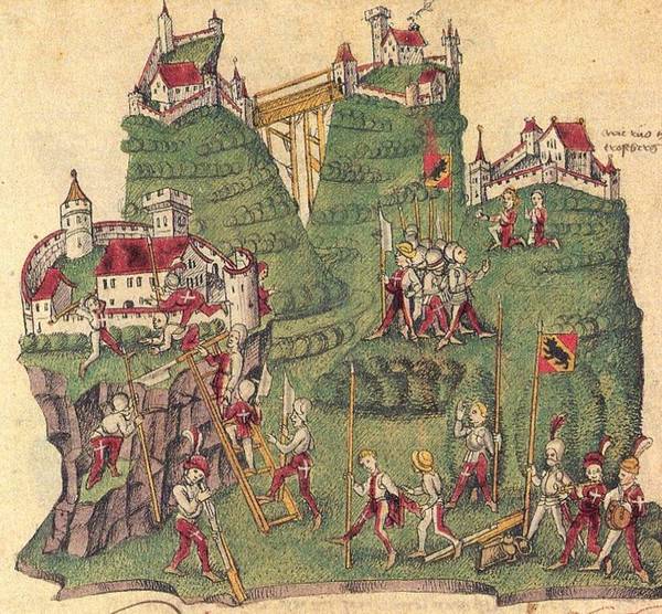 Die Eidgenossen erobern 1415 den österreichischen Aargau. Zeichnung in der Berner Chronik des Benedikt Tschatlan, um 1470.