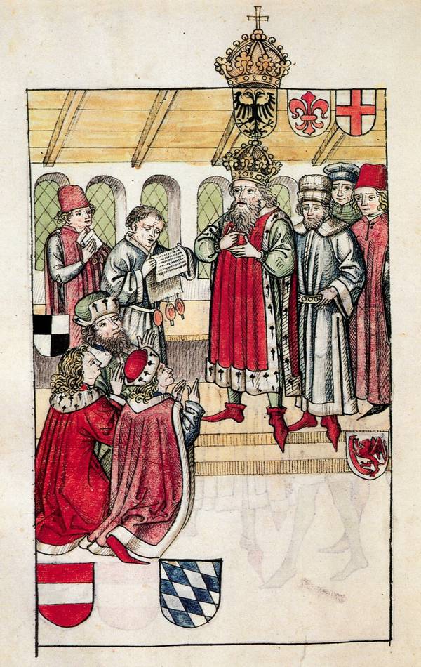 Herzog Friedrich von Österreich unterwirft sich am 27. März 1415 König Sigismund. Zeichnung in der Richental-Chronik.