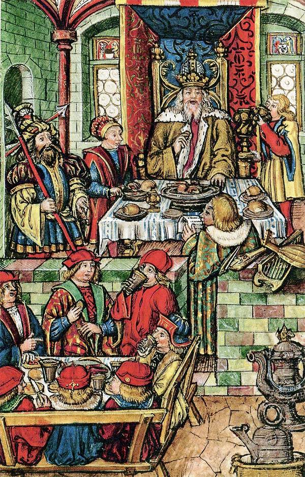 König Sigismund tafelt als Gast der Stadt in Ulm 1418. Miniatur in der Luzerner Chronik des Diebold Schilling, um 1510.