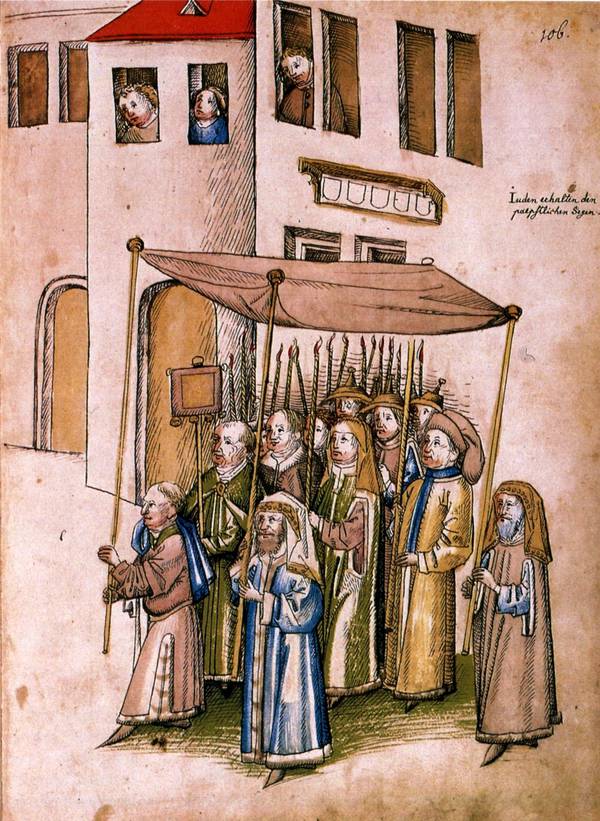 Die Juden erhalten den Segen des Papstes Martin V. nach dessen Krönung 1417. Zeichnung in der Richental-Chronik.