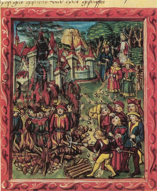 Verbrennung der Juden in Ravensburg 1428. Miniatur in der Luzerner Chronik des Diebold Schilling, um 1510.