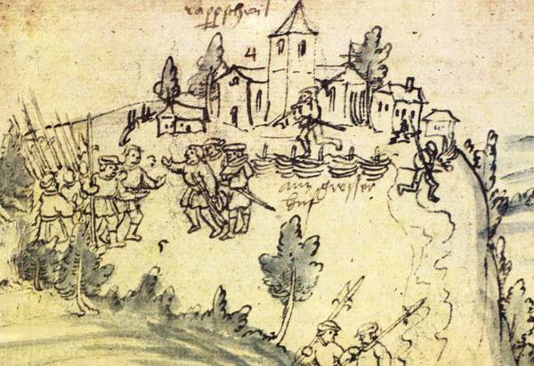Die Bauern versammeln sich 1525 in Rappertsweiler, Ausschnitt aus der Bauernkriegschronik von Jakob Murer, 1525