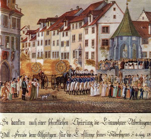 Empfang der ersten Erntewagen 1817 in Überlingen, Gouache von Johann Sebastian Dir, 1817