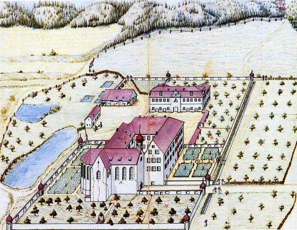 Ansicht des Klosters Langnau, Sitz des Provinzialats und Studienhaus der Provinz, Zeichnung nach 1786