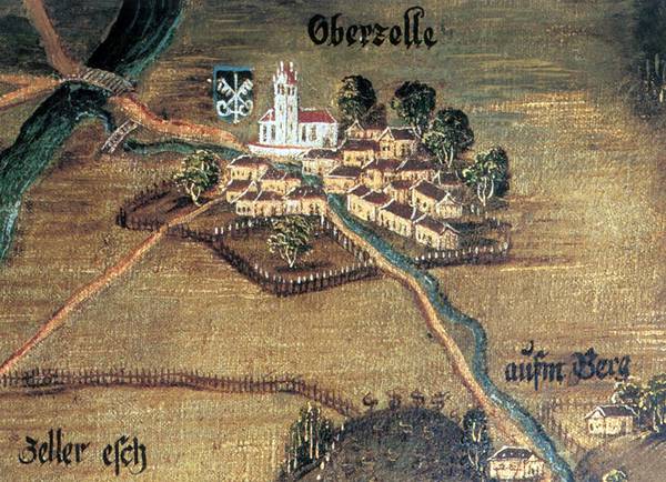 Das Dorf Oberzell. Ausschnitt aus der Stadttafel Ravensburg. Joseph Anton Rauch, 1622. Rathaus Ravensburg.