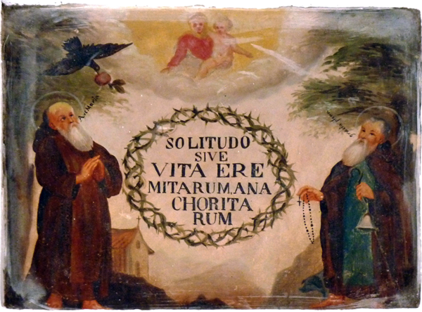 Die hl. Antonius und Paulus, Malerei im Kloster Valdemossa, Mallorca, der Eremiten des hl. Paulus und des hl. Antonius.