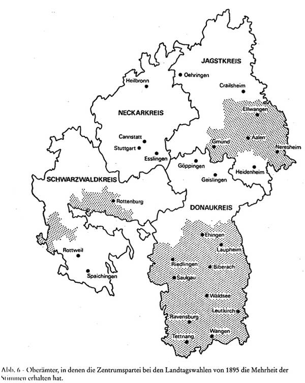 Oberämter mit Zentrumspartei-Mehrheiten bei den Landtagswahlen 1895