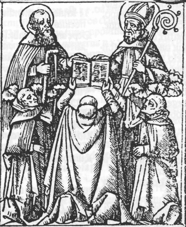 Paulinermönche vor den Ordenspatronen Paulus und Augustinus Holzschnitt 16. Jh