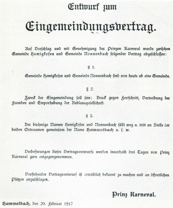 Scherzhafter Entwurf eines Eingemeindungsvertrags 1912