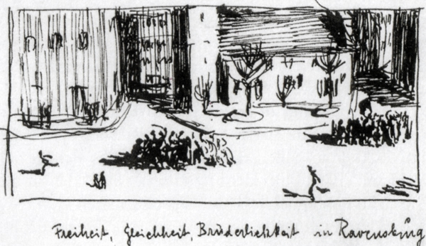 Unruhen in Ravensburg wegen der Lebensmittel-Teuerung am 22. Juni 1920. Zeichnung von Julius Herburger
