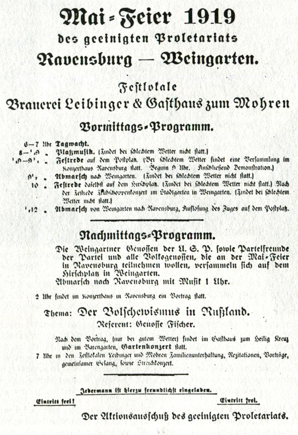 Aufruf Maifeier 1919 Ravensburg-Weingarten