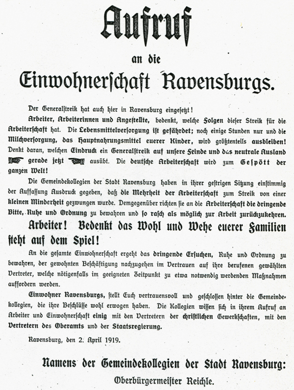 Aufruf gegen den Generalstreik in Ravensburg, 2. April 1919