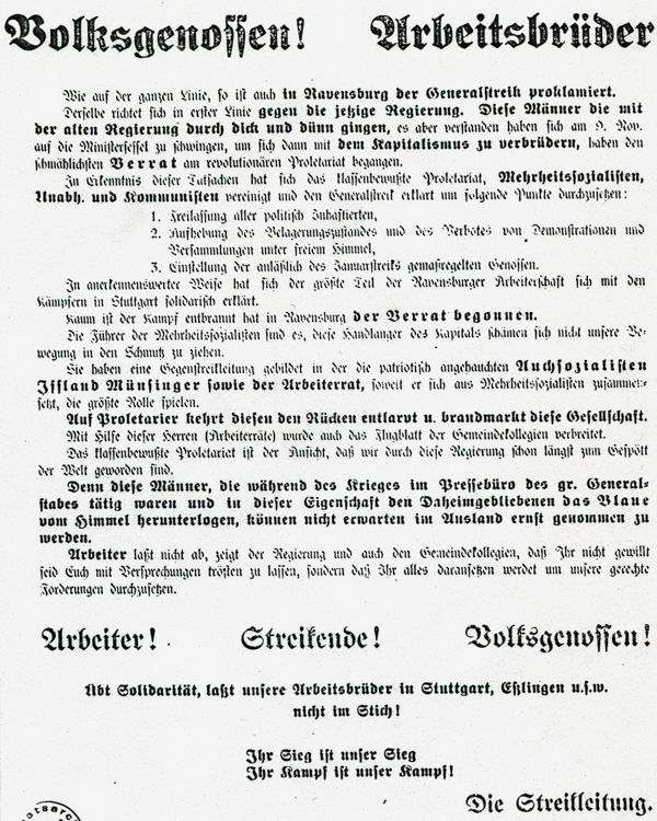 Aufruf zum Generalstreik Anfang April 1919 in Ravensburg