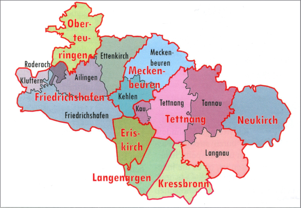 Die Gemeinden des vormaligen Kreises Tettnang im Bodenseekreis nach der Gemeindereform von 1972-75. Karte von Gisbert Hoffmann