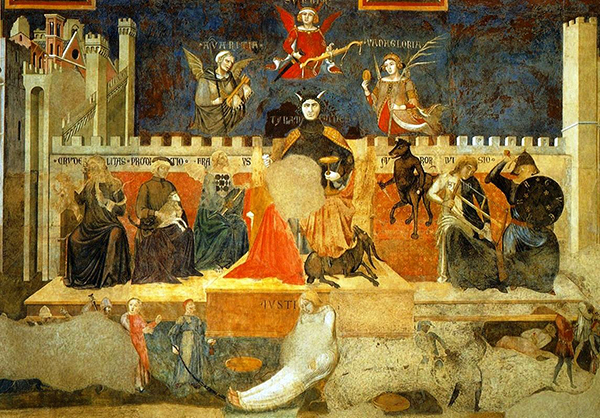 Ambrogio Lorenzetti: Allegorie der schlechten Regierung. Fresko 1338/39 im Palazzo Pubblico Siena.