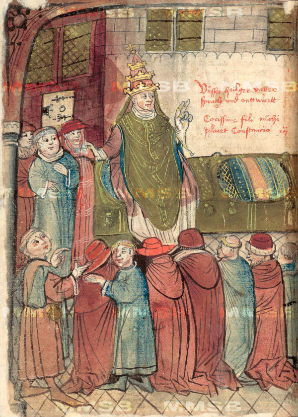 Verhandlung zwischen Papst Johannes XXIII. und König Sigismund in Lodi 1413 über den Tagungsort des geplanten Konzils. Zeichnung in der Richental-Chronik., Prager Exemplar.