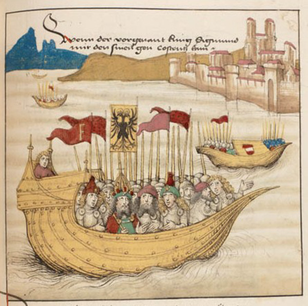 Der König setzt am 24. Dezember 1414 zu Schiff von Überlingen nach Konstanz über. Zeichnung in der Spiezer Chronik des Diebold Schilling, um 1485.