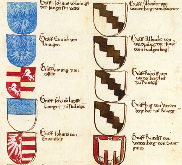 Ausschnitt aus den Teilnehmerlisten des Konzils in der Richental-Chronik, hier Wappen der Grafen, u.a. der Grafen von Werdenberg-Sargans, Werdenberg-Heiligenberg.