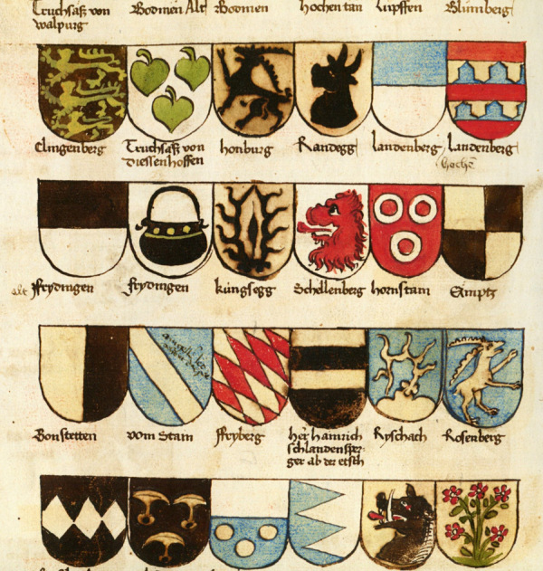 Ausschnitt aus den Teilnehmerlisten des Konzils in der Richental-Chronik, hier Wappen des niederen Adels, u.a. der Herren von Bodman, Königsegg und Schellenberg.