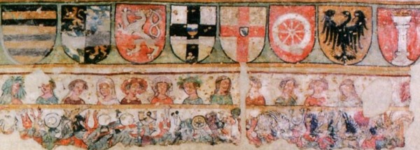 Fragment eines Freskos mit der Darstellung eines Keulenturniers des oberschwäbischen Adels, oben Wappen der Kurfürsten, des Reichs und des Papstes Martin V. Ravensburg, Museum Humpis-Quartier, um 1420.