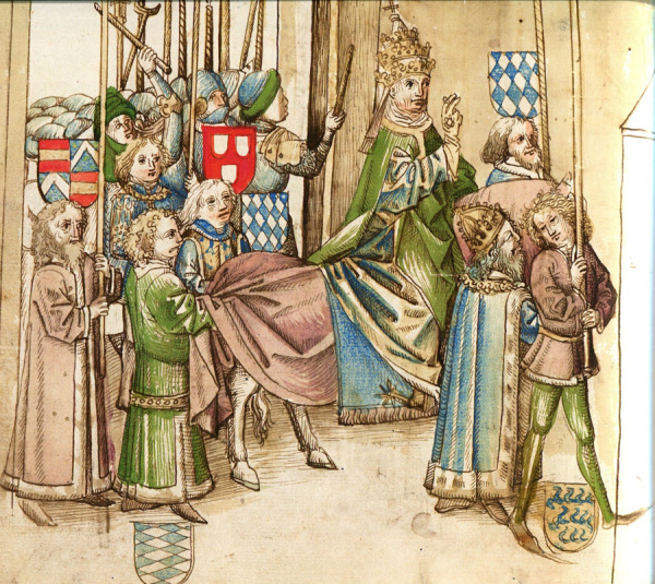 Umritt des Papstes Martins V. in Konstanz nach seiner Krönung am 21. November 1417 mit Graf Eberhard von Nellenburg als einer der Baladachinträger. Zeichnung in der Richental-Chronik.
