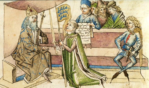 König Sigismund belehnt Graf Eberhard von Nellenburg im Kloster der Augustiner-Eremiten mit der Landgrafschaft im Hegau am 20. April 1417. Zeichnung in der Richental-Chronik.