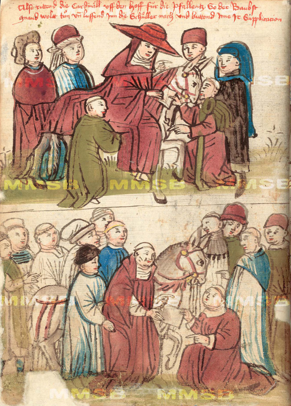 Bittsteller umringen einen Kardinal und bitten um Unterstützung ihrer Anliegen beim Papst. Zeichnung in der Richental-Chronik, Prager Exemplar.