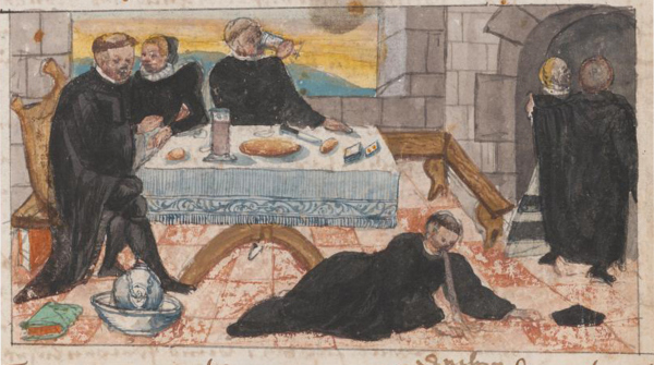 Karikatur des Wohllebens der Mönche. Buchmalerei in der Zürcherischen Kirchen- und Reformationsgeschichte von Heinrich Bullinger u.a., 1605-06. Zentralbibliothek Zürich.