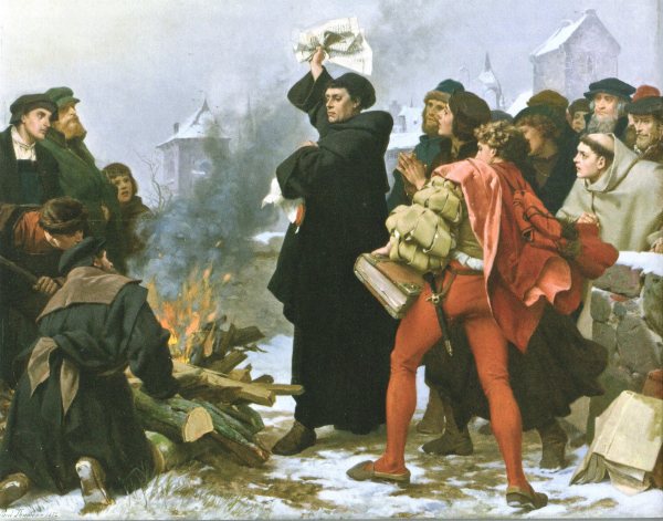 Luther wirft 1520 die Bannbulle des Papstes ins Feuer. Ölbild auf der Wartburg von Paul Thumann, 1872.