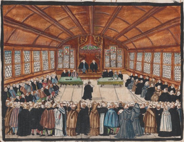 Disputation Zürich 1523. Buchmalerei in der Zürcherischen Kirchen- und Reformationsgeschichte von Heinrich Bullinger u.a., 1605-06. Zentralbibliothek Zürich.