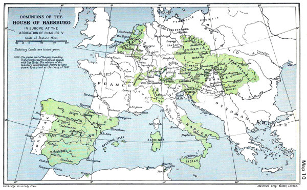 Karte der Herrschaften des Hauses Habsburg um 1550 (ohne die amerikanischen Kolonien).