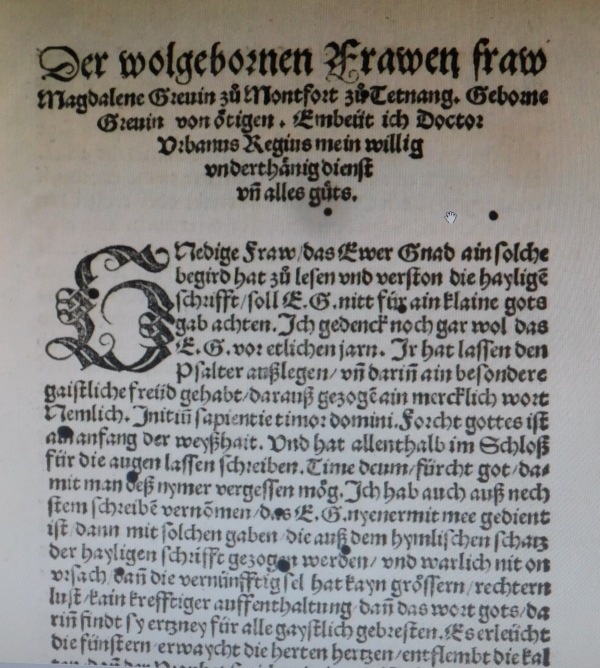 Widmung einer Druckschrift von Urban Rhegius an die Gräfin Magdalena von Montfort, 1522.