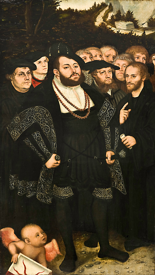 Martin Luther mit seinem Landesherrn, dem Kurfürst Johann Friedrich von Sachsen und den Wittenbergern Reformatoren, Ölbild von Lucas Cranach d. J., um 1543. Toledo Museum of Art.