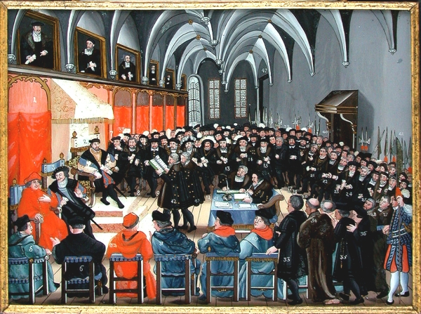 Überreichung des „Augsburger Bekenntnisses“ auf dem Reichstag in Augsburg an Kaiser Karl V. 1530. Hinterglasbild, 1730. Stadtmuseum Kaufbeuren.