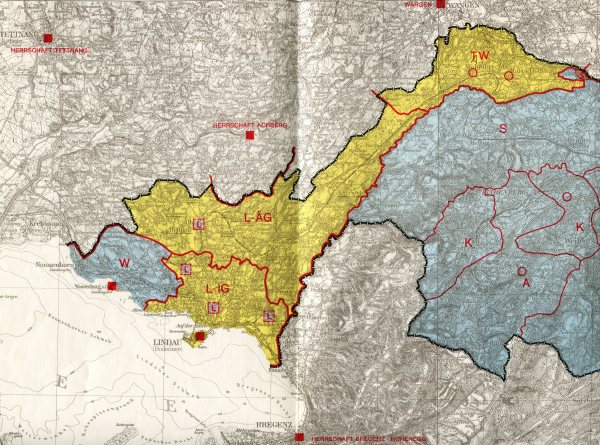 Karte der Herrchaftsgebiete der Reichsstadt Lindau (gelb eingefärbt). L-IG: Innere Gerichte, wo Lindau die volle Landesherrschaft mit Nieder- und Hochgericht besaß, L-ÄG: Äußere Gerichte, wo Lindau nur das Niedergericht, die Grafen von Montfort das H