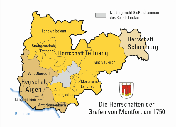 Karte der Grafschaft Tettnang mit der Lage des Lindauer Niedergerichts Gießen Laimnau inmitten der Herrschaft Tettnang. Entwurf Gisbert Hoffmann.