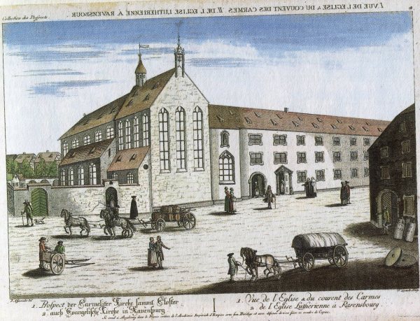 Das Karmeliterkloster in Ravensburg. Guckkastenbild Ende 18. Jahrhundert.