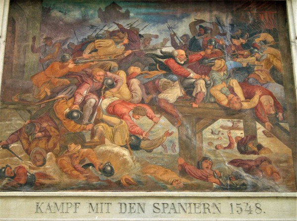 Spanische Truppen im Kampf um die Einnahme von Konstanz, das sich dem Kaiser 1548 nicht unterwerfen will. Wandgemälde am Rathaus Konstanz von Ferdinand Wagner, 1864.